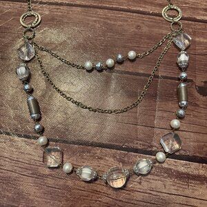 Silver Multi Strand Necklace Faux Pearls Crystal Beads